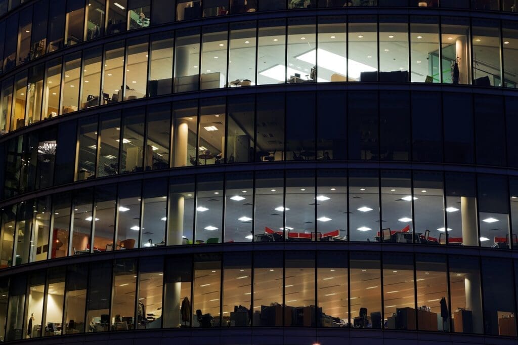 Exterior of office building at night